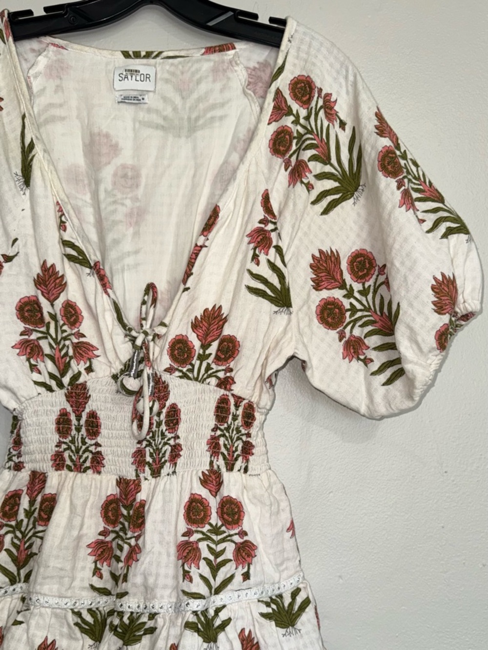 SAYLOR White Dress with Subtle Pink and Olive Floral Accents - Picture 8 of 16